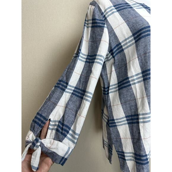 Liz Claiborne 3/4 Sleeve Tunic Blouse Top M Linen Cotton Blend Blue White Plaid - Picture 4 of 15